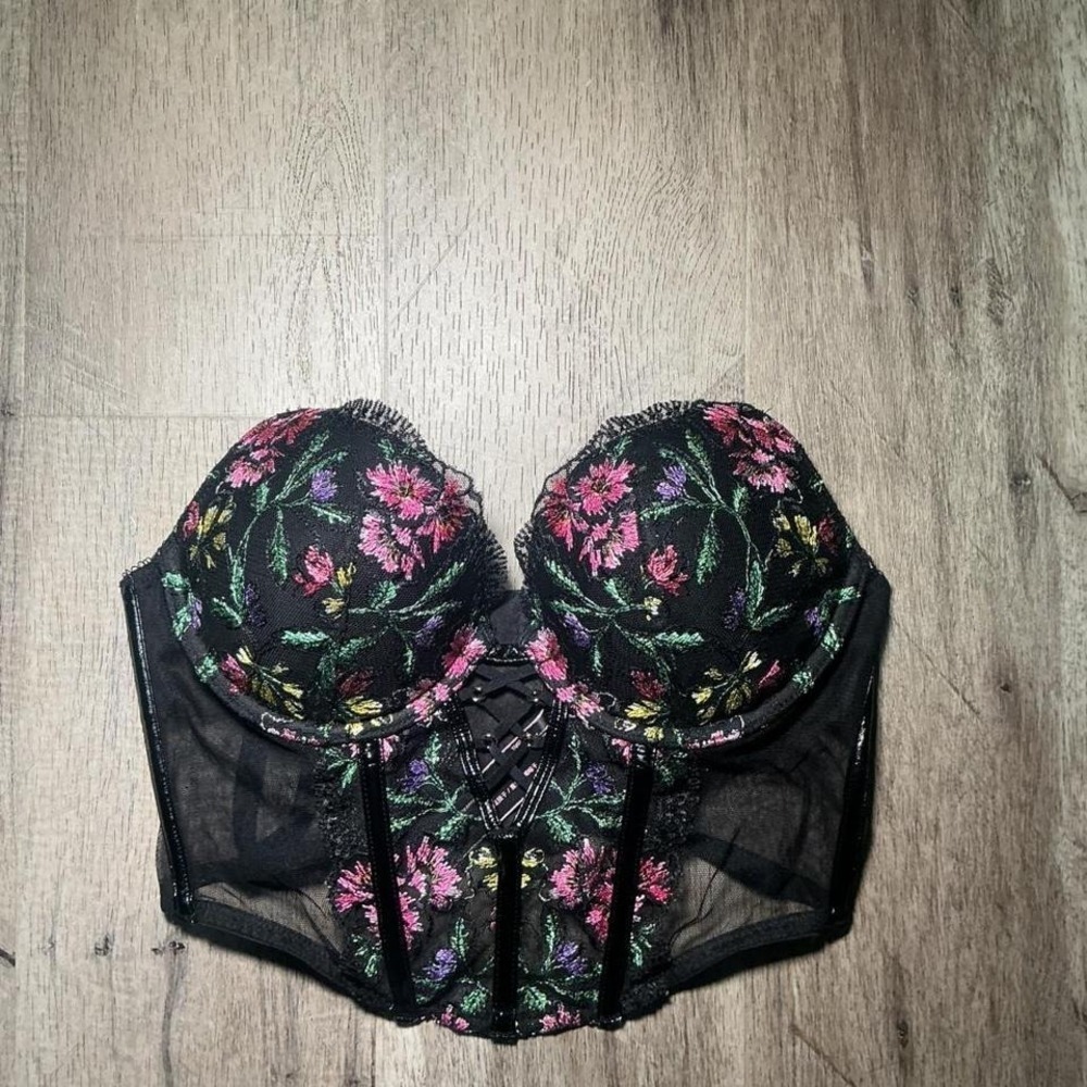 Victoria's Secret Black Floral Corset Bra Top‎ Size 34B Lingerie